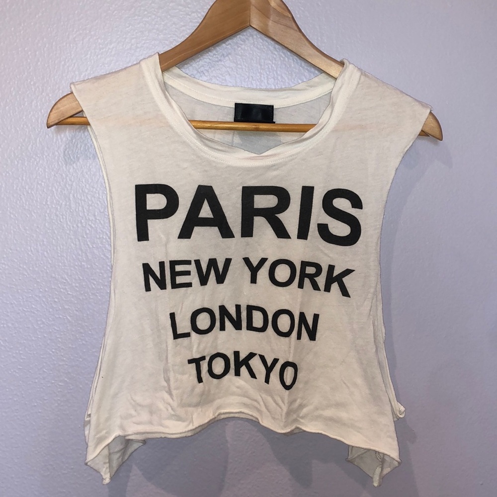White Paris London NY Tokyo Crop Muscle Tee
